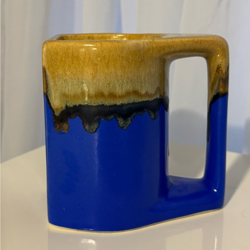 Rodolfo Padilla Artist Signed Drip Glazed Blue Tan Ceramic Coffee Mug Cup